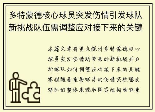多特蒙德核心球员突发伤情引发球队新挑战队伍需调整应对接下来的关键赛程