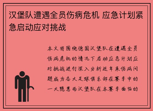 汉堡队遭遇全员伤病危机 应急计划紧急启动应对挑战