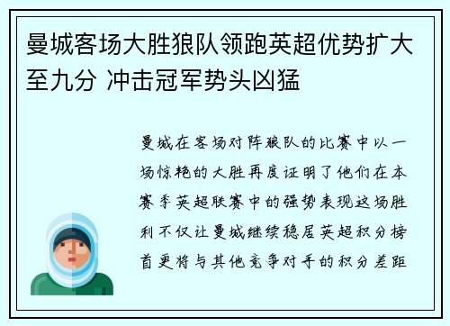 曼城客场大胜狼队领跑英超优势扩大至九分 冲击冠军势头凶猛